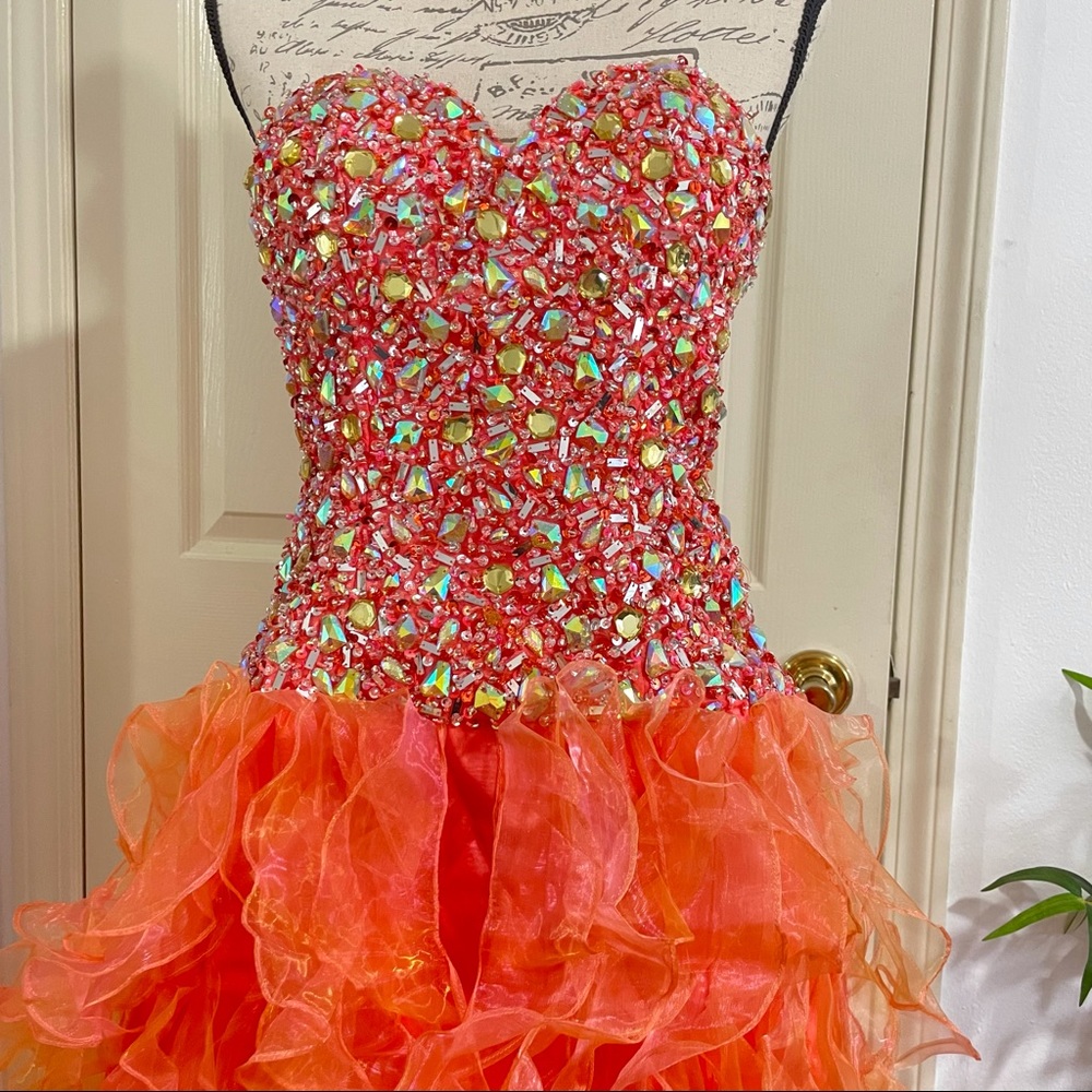 CINDERELLA Orange Tangerine Corset Sequin Ruffle Ball Gown Dress